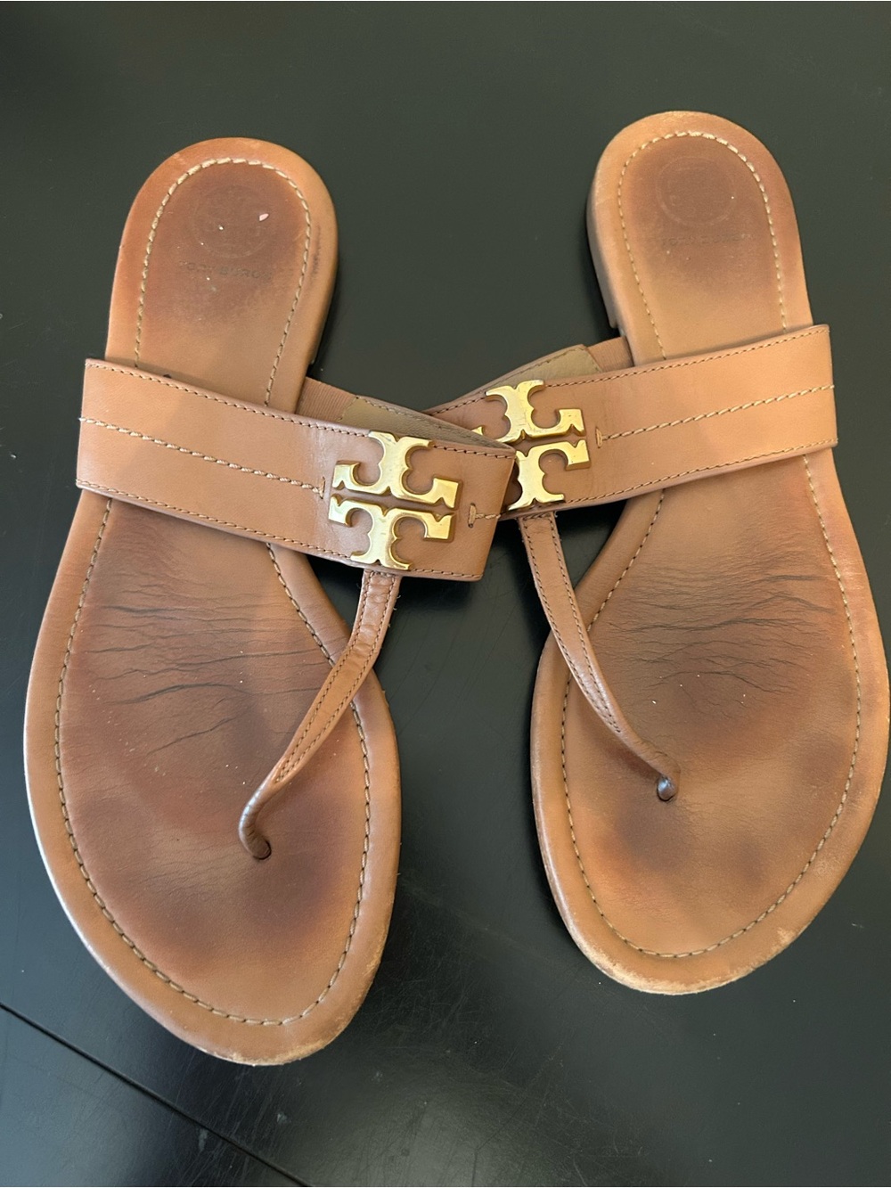 Tory Burch Tan Leather Logo Thong Sandals